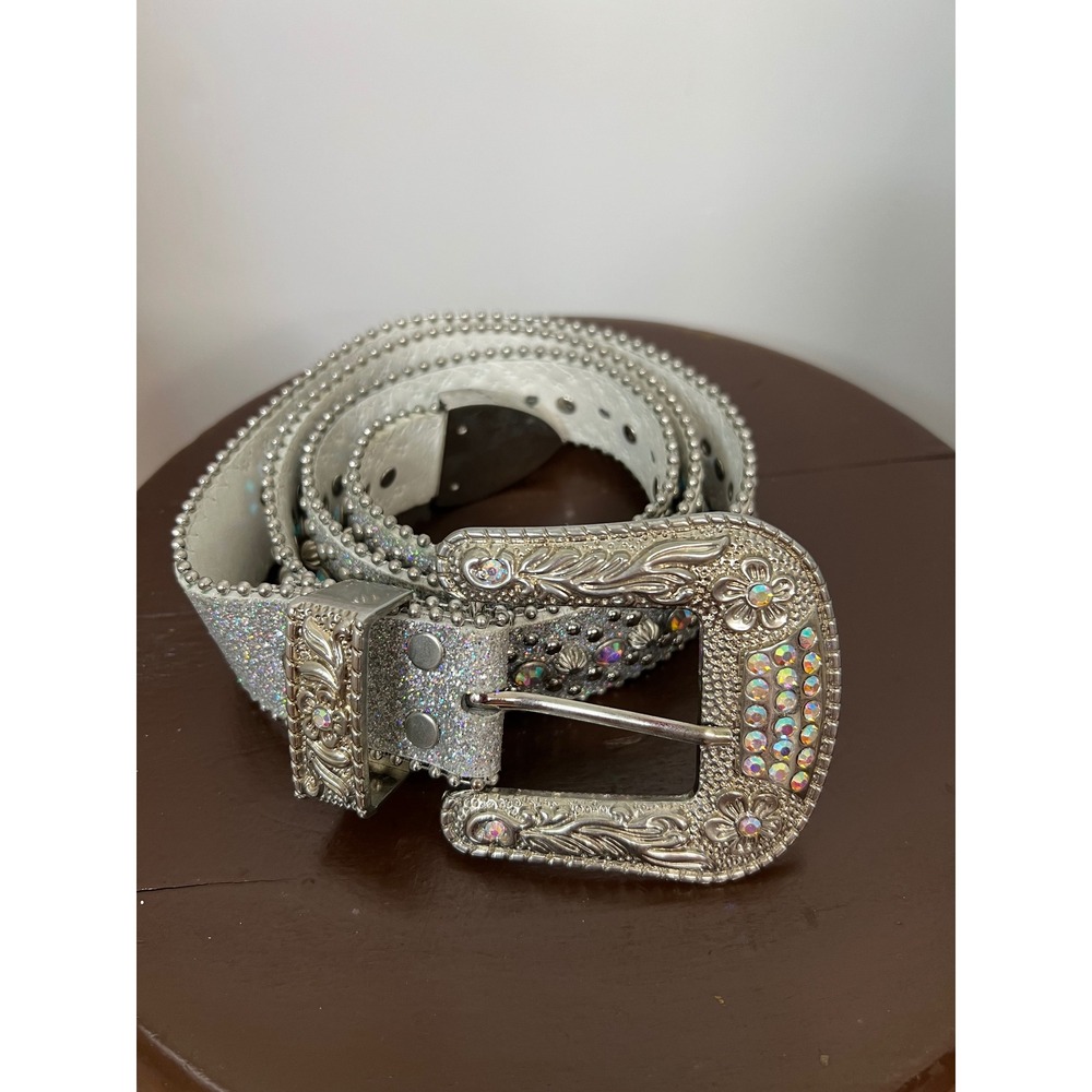 Western Rhinestone Belt Silver Glitter AB Crystals Studded Floral Buckle Cowgirl